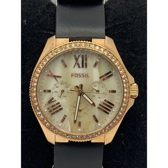 Fossil AM4616 Women's Black Leather Analog Beige Dial Genuine Wrist Watch RU239 - Picture 2 of 11